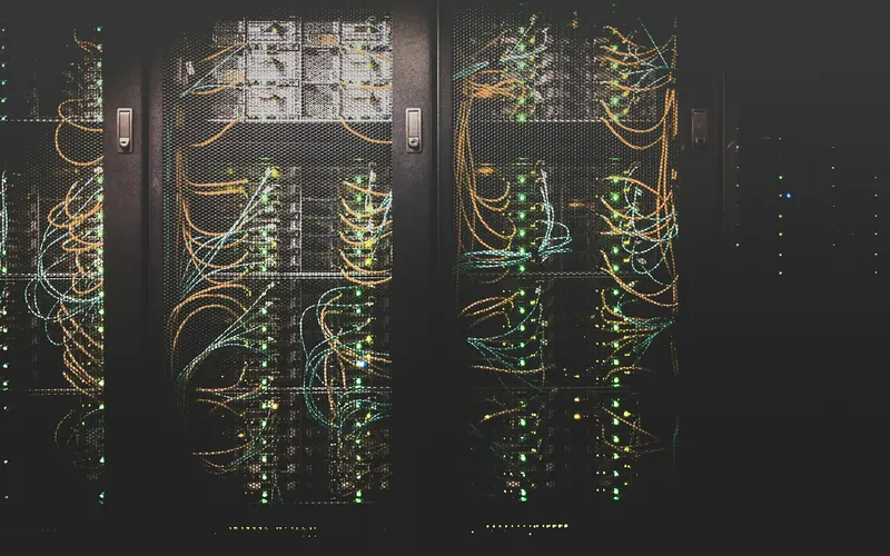 Network cables running into a server rack