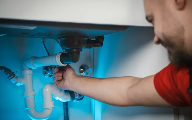 A tradesperson working on a pipe in a wall