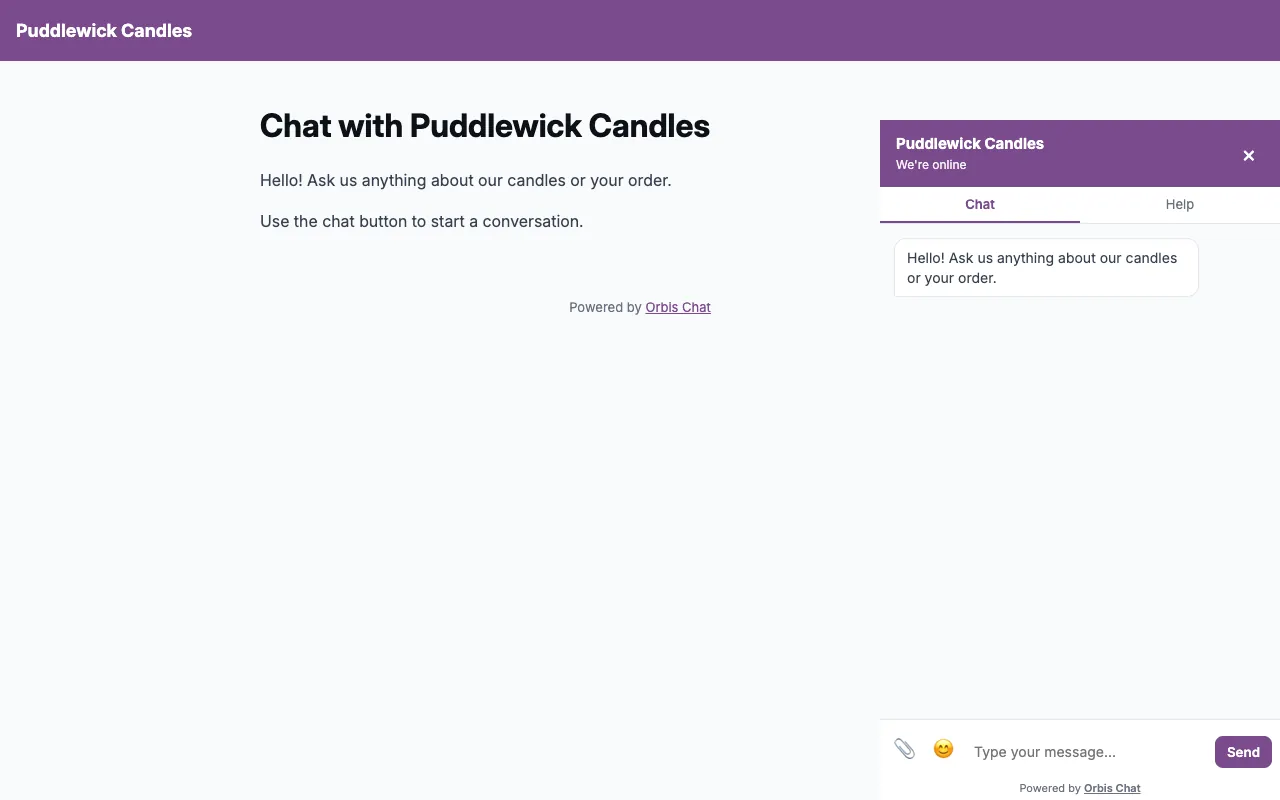 A hosted chat page for a fictional candle shop, with the chat panel open and no website needed.