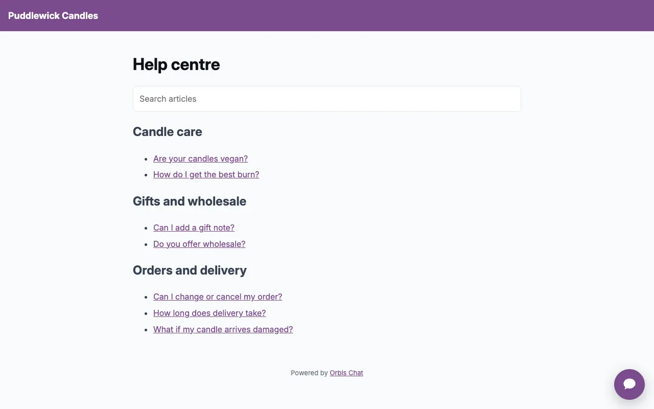 A public hosted help centre with a search box and articles grouped by category.