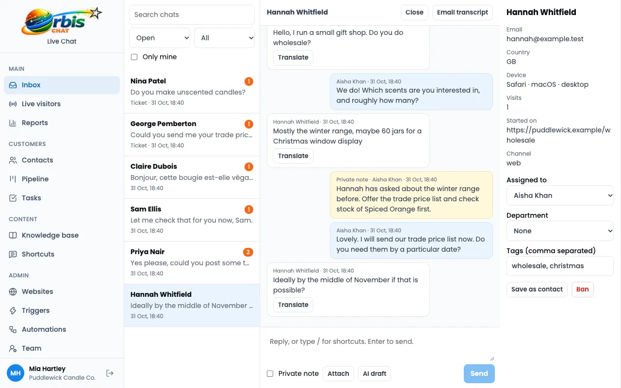 The Orbis Chat inbox: a list of chats, an open wholesale conversation with a private note, and the visitor details panel.