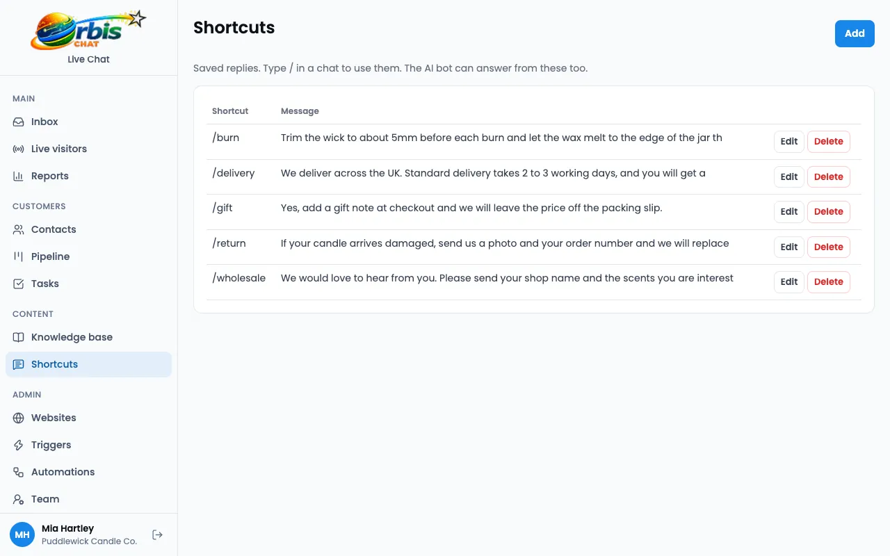 The shortcuts page, listing saved replies such as /delivery and /gift.