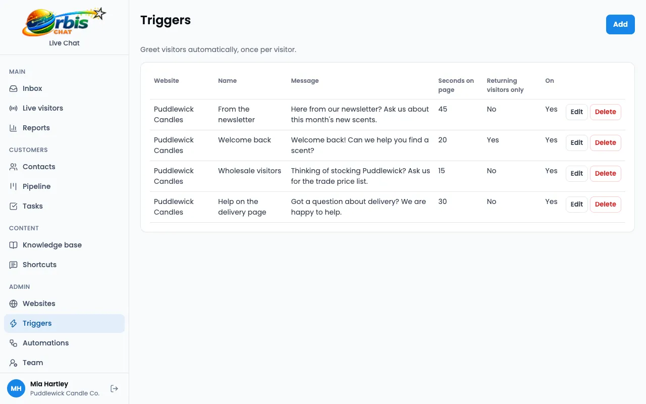The triggers page, listing proactive messages with time on page and returning visitor settings.