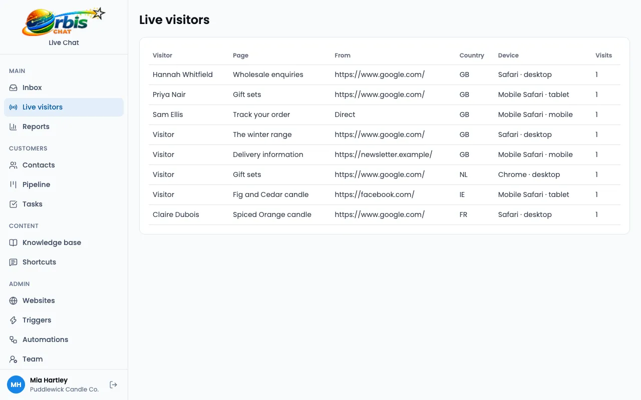 The live visitors list, showing each visitor's page, referrer, country, device and visit count.