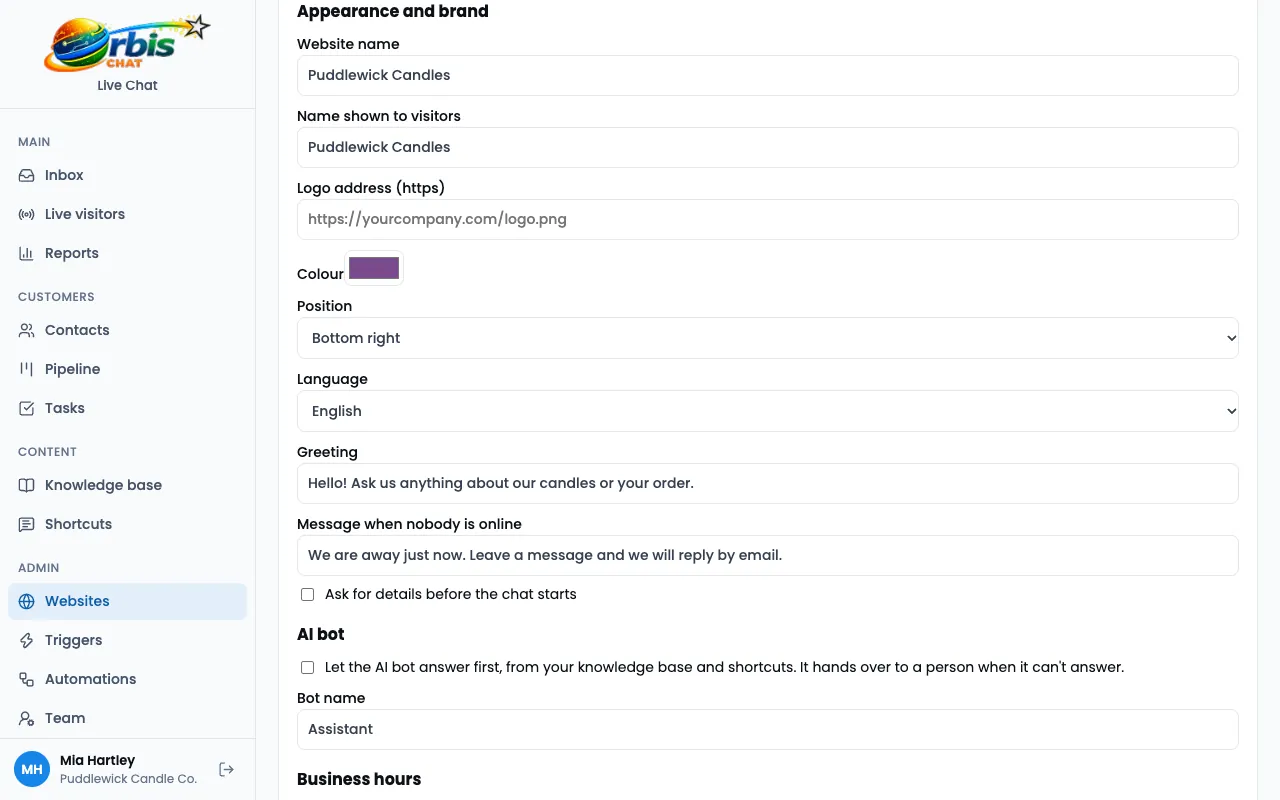 Website settings for appearance and brand, including the name shown to visitors and a logo address.