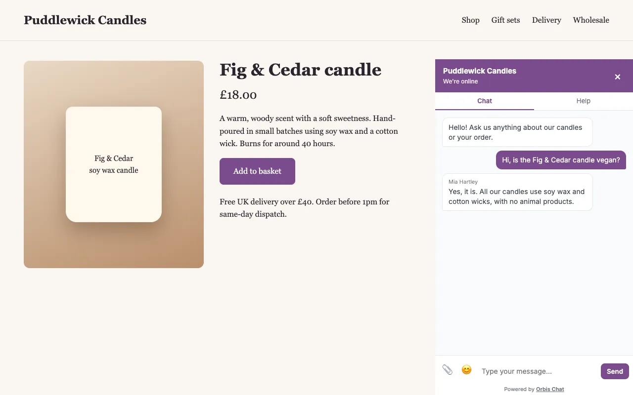 The Orbis Chat widget open on a fictional candle shop product page, with a visitor question and an agent reply.